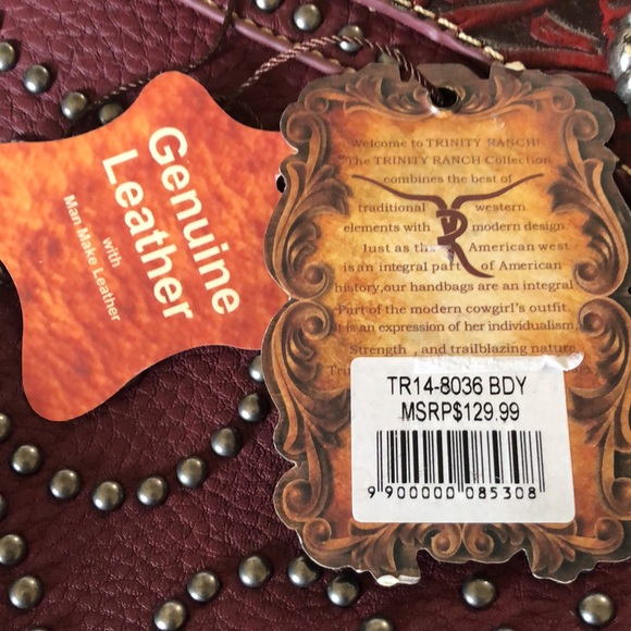 NWT Trinity Ranch Wedtern Tooled Studded Turquoise Shoulder Bag Merlot - Picture 16 of 16